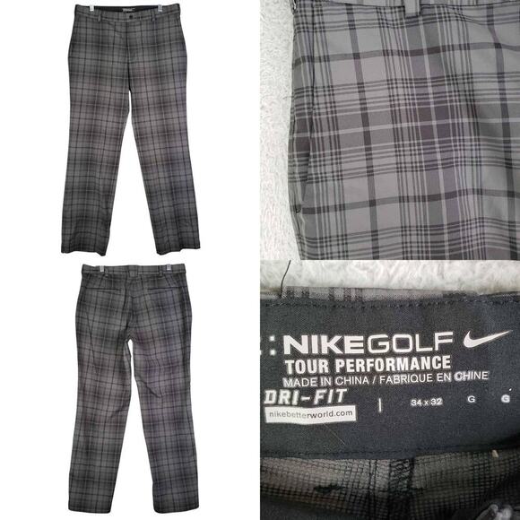 Nike Dri-Fit Golf Pants Men’s Size 34x32 Gray Plaid Flat Front Chino Performance - Picture 1 of 11